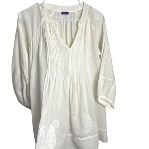 Sevya Handmade Womens Boho Tunic Blouse Size M White Embroidered Paisley Pintuck